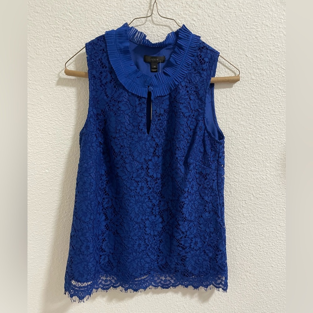 J. Crew Royal Blue Lace Sleeveless Shell with Pleated Collar NWT